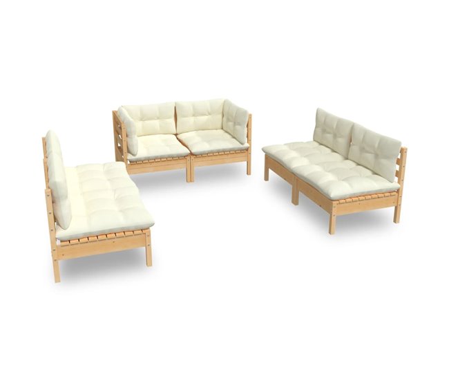 Conforama Muebles de jardin 6 piezas y cojines madera maciza de pino crema
