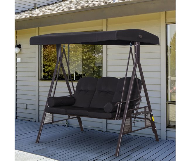 Conforama Outsunny Balancín De Jardín Exterior De 3 Plazas Columpio De Jardín Exterior Con Toldo Curvo 2 Bandejas Laterales Y 2 Almohadas De Brazo Para Balcón Terraza Patio Carga 360 Kg 206x116x183 Cm Negro