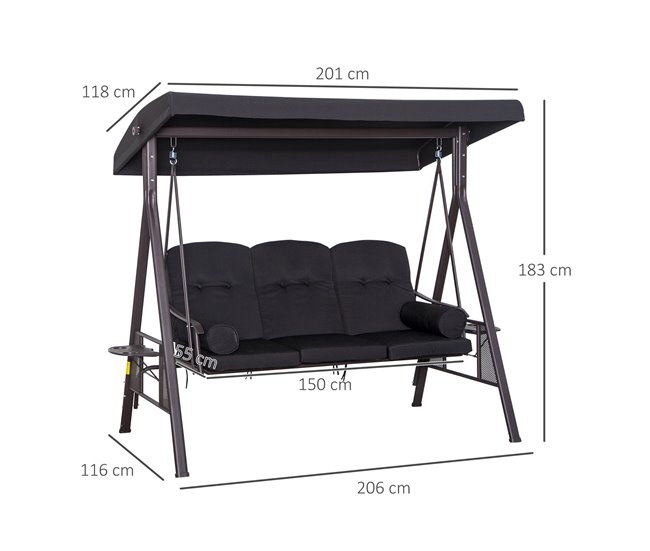 Conforama Outsunny Balancín De Jardín Exterior De 3 Plazas Columpio De Jardín Exterior Con Toldo Curvo 2 Bandejas Laterales Y 2 Almohadas De Brazo Para Balcón Terraza Patio Carga 360 Kg 206x116x183 Cm Negro