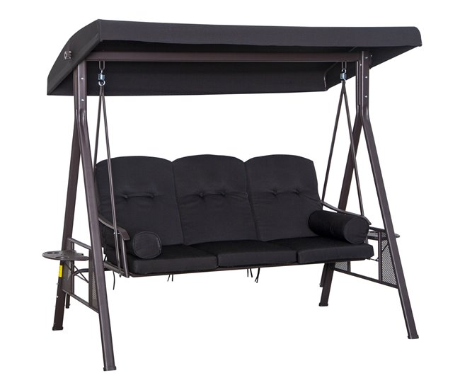 Conforama Outsunny Balancín de Jardín Exterior de 3 Plazas Columpio de Jardín Exterior con Toldo Curvo 2 Bandejas Laterales y 2 Almohadas de Brazo para Balcón Terraza Patio Carga 360 kg 206x116x183 cm Negro