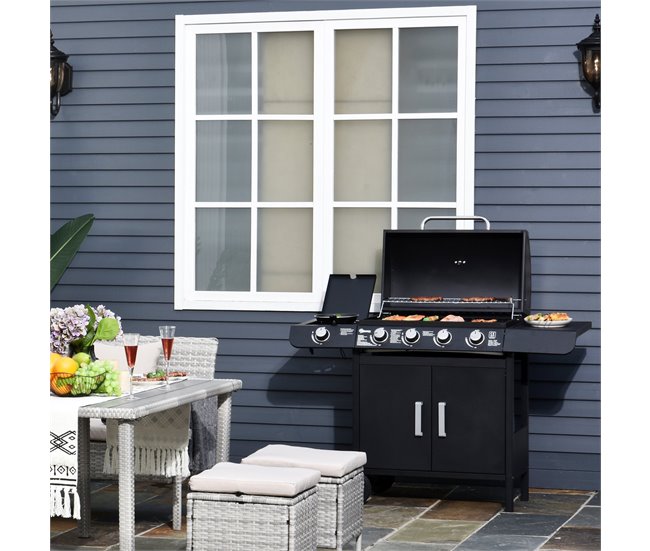 Conforama Outsunny Barbacoa De Gas Con 4+1 Quemadores 14 4 KW Mesas Laterales Armario De Almacenaje Termómetro Y 2 Ruedas Acero Inoxidable BBQ 125x51x100 Cm Negro
