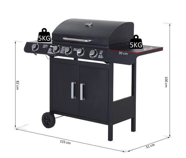 Conforama Outsunny Barbacoa De Gas Con 4+1 Quemadores 14 4 KW Mesas Laterales Armario De Almacenaje Termómetro Y 2 Ruedas Acero Inoxidable BBQ 125x51x100 Cm Negro