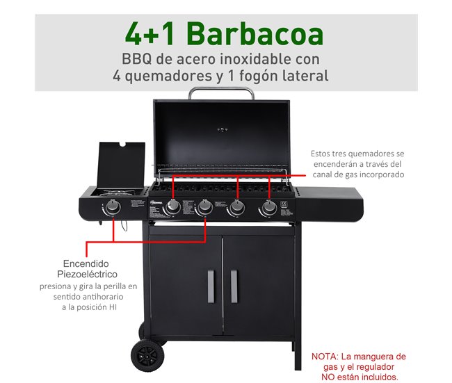 Conforama Outsunny Barbacoa De Gas Con 4+1 Quemadores 14 4 KW Mesas Laterales Armario De Almacenaje Termómetro Y 2 Ruedas Acero Inoxidable BBQ 125x51x100 Cm Negro