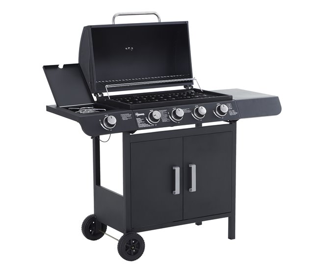 Conforama Outsunny Barbacoa de Gas con 4+1 Quemadores 14 4 KW Mesas Laterales Armario de Almacenaje Termómetro y 2 Ruedas Acero Inoxidable BBQ 125x51x100 cm Negro