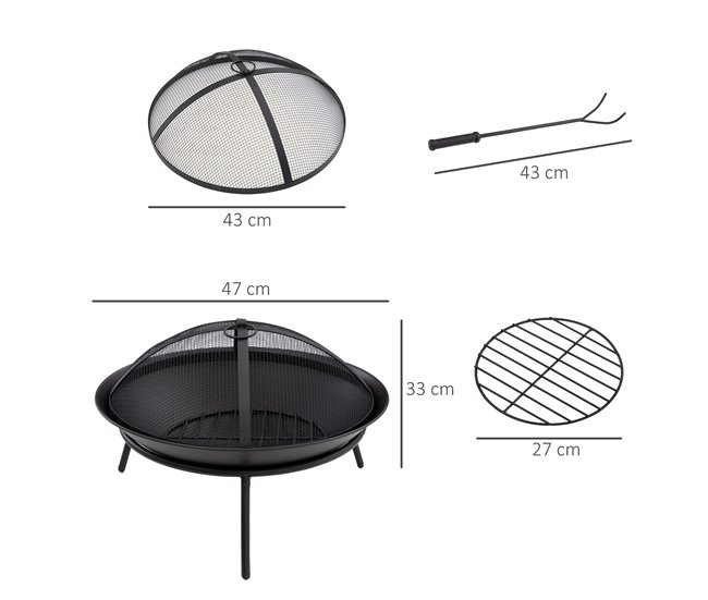 Conforama Outsunny Brasero Exterior Para Jardín Pozo De Fuego De Metal Con Protector De Chispas Y Atizador Para Hogueras Terraza Camping Al Aire Libre Ø47x33 Cm Negro