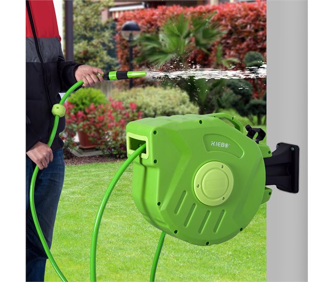 Conforama Outsunny Carrete Para Manguera 15M+1 5M Soporte Mural Portamanguera Roll-up Automático Giratorio 180° Con Pistola De Pulverización Base De Pared Conector De Manguera Para Jardín Terraza