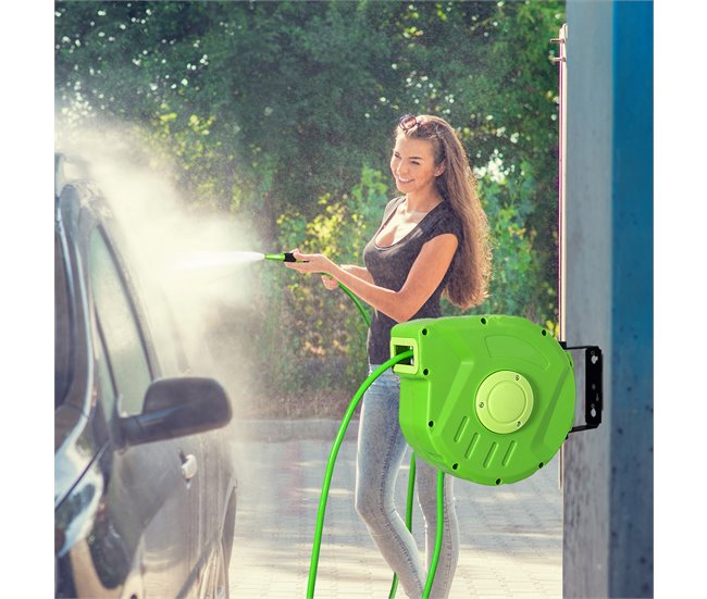 Conforama Outsunny Carrete Para Manguera Enrollable Carro De Manguera De Jardín Portamanguera 10m Roll-up Automático Giratorio 180 ° Con Pistola De Pulverización Base De Pared Para Terraza