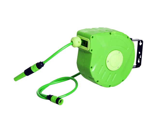 Conforama Outsunny Carrete Para Manguera Enrollable Carro De Manguera De Jardín Portamanguera 10m Roll-up Automático Giratorio 180 ° Con Pistola De Pulverización Base De Pared Para Terraza