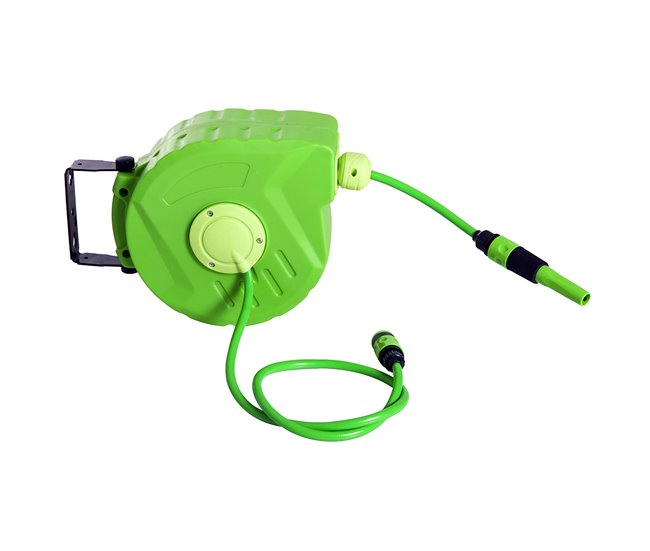Conforama Outsunny Carrete para Manguera Enrollable Carro de Manguera de Jardín Portamanguera 10m Roll-up Automático Giratorio 180 ° con Pistola de Pulverización Base de Pared para Terraza