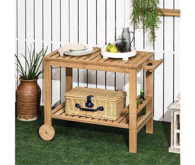 Conforama Outsunny Carrito De Madera De Bar Carro De Servicio De 2 Niveles Con Asa Lateral 3 Portabotellas Y 2 Ruedas Para Jardín Patio Terraza 95x47x74 Cm Natural