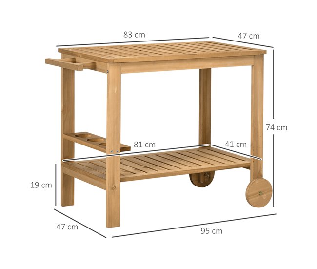 Conforama Outsunny Carrito De Madera De Bar Carro De Servicio De 2 Niveles Con Asa Lateral 3 Portabotellas Y 2 Ruedas Para Jardín Patio Terraza 95x47x74 Cm Natural