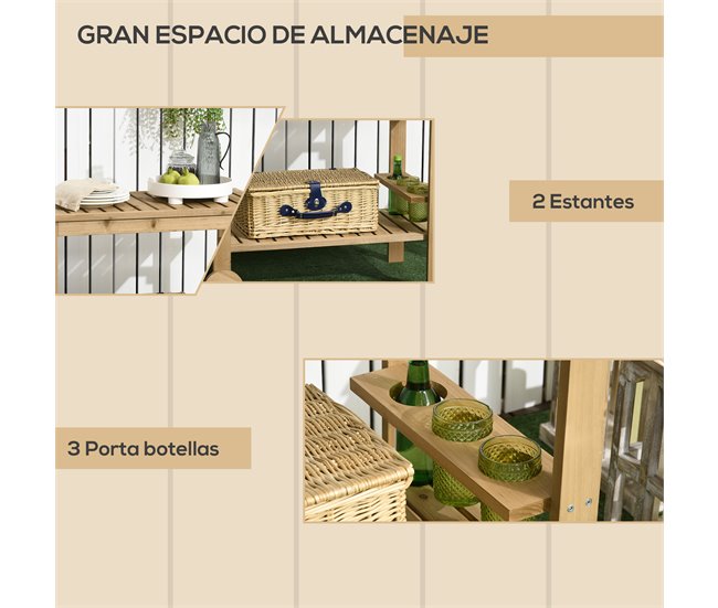 Conforama Outsunny Carrito De Madera De Bar Carro De Servicio De 2 Niveles Con Asa Lateral 3 Portabotellas Y 2 Ruedas Para Jardín Patio Terraza 95x47x74 Cm Natural