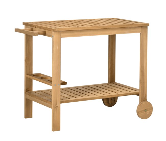 Conforama Outsunny Carrito de Madera de Bar Carro de Servicio de 2 Niveles con Asa Lateral 3 Portabotellas y 2 Ruedas para Jardín Patio Terraza 95x47x74 cm Natural