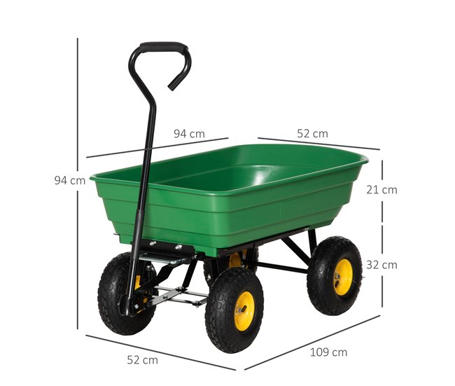 Conforama Outsunny Carro De Jardín Basculante Capacidad 75 L Carga 200 Kg Carretilla De Transporte Carro Para Playa Con Marco De Acero Y 4 Ruedas Neumáticas Verde