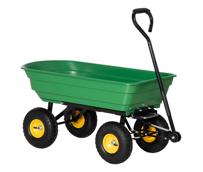 Conforama Outsunny Carro de Jardín Basculante Capacidad 75 L Carga 200 kg Carretilla de Transporte Carro para Playa con Marco de Acero y 4 Ruedas Neumáticas Verde