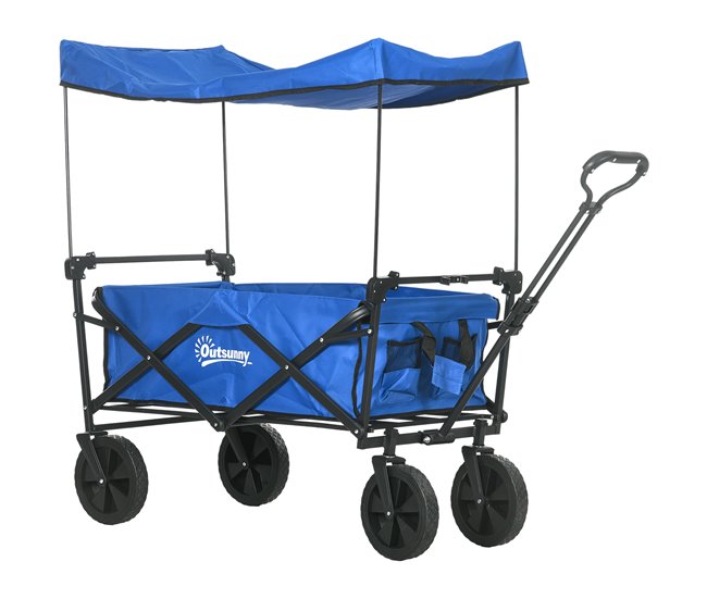 Conforama Outsunny Carro Plegable con Toldo Desmontable Carro de Playa Carro de Jardín con Longitud y Ángulo del Mango Ajustables Ruedas Grandes y Bolsa de Transporte Carga 100 kg para Compra Azul