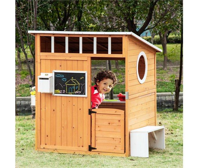 Conforama Outsunny Casa Infantil De Madera Casita De Juegos Para Niños De +3 Años Con Mesita Banco Buzón Pizarra Macetero Ventanas Y Puerta Para Exterior 122x108x135 5 Cm Natural