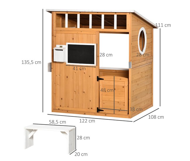 Conforama Outsunny Casa Infantil De Madera Casita De Juegos Para Niños De +3 Años Con Mesita Banco Buzón Pizarra Macetero Ventanas Y Puerta Para Exterior 122x108x135 5 Cm Natural