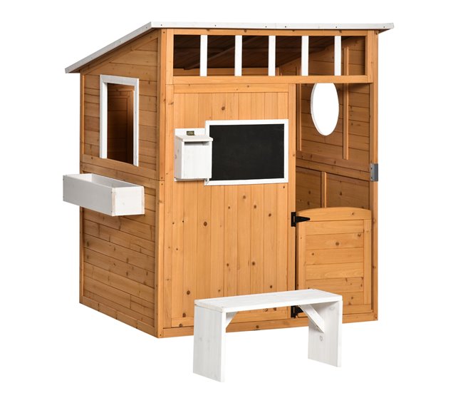 Conforama Outsunny Casa Infantil de Madera Casita de Juegos para Niños de +3 Años con Mesita Banco Buzón Pizarra Macetero Ventanas y Puerta para Exterior 122x108x135 5 cm Natural