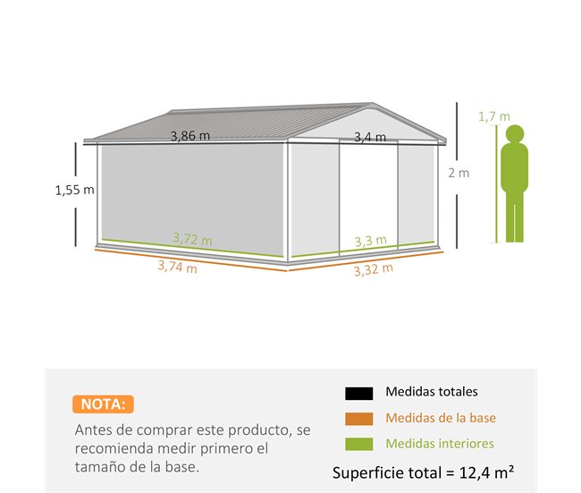 Conforama Outsunny Caseta De Jardín Exterior 12 4 M² 340x386x200 Cm Cobertizo De Jardín Exterior Con Puerta Corredera Techo Inclinado Base Refuerzo (Suelo NO Incluido) Y 4 Ventanas Blanco