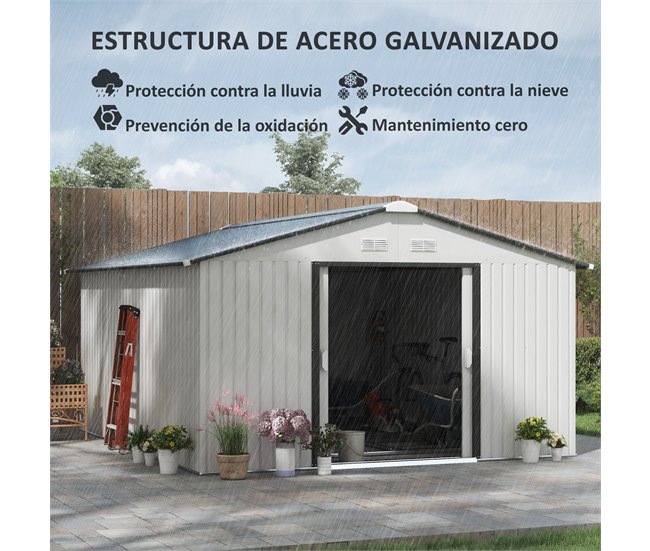 Conforama Outsunny Caseta De Jardín Exterior 12 4 M² 340x386x200 Cm Cobertizo De Jardín Exterior Con Puerta Corredera Techo Inclinado Base Refuerzo (Suelo NO Incluido) Y 4 Ventanas Blanco