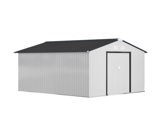Conforama Outsunny Caseta de Jardín Exterior 12 4 m² 340x386x200 cm Cobertizo de Jardín Exterior con Puerta Corredera Techo Inclinado Base Refuerzo (Suelo NO Incluido) y 4 Ventanas Blanco