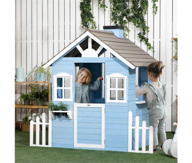 Conforama Outsunny Casita Infantil De Madera Casa De Juegos Exterior Para Niños De 3-7 Años Con Puerta Ventanas Macetas Y Vallas Laterales 151x112 5x142 Cm Azul