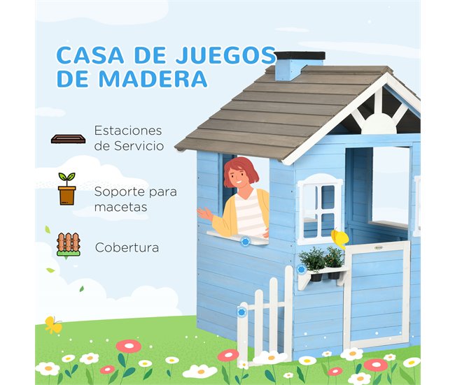 Conforama Outsunny Casita Infantil De Madera Casa De Juegos Exterior Para Niños De 3-7 Años Con Puerta Ventanas Macetas Y Vallas Laterales 151x112 5x142 Cm Azul
