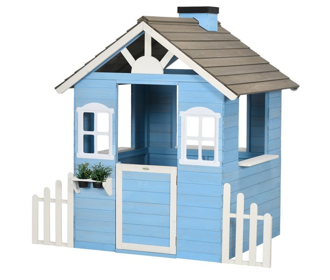 Conforama Outsunny Casita Infantil de Madera Casa de Juegos Exterior para Niños de 3-7 Años con Puerta Ventanas Macetas y Vallas Laterales 151x112 5x142 cm Azul