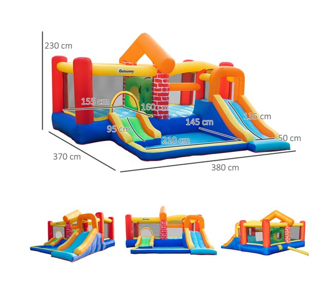 Conforama Outsunny Castillo Hinchable Con 2 Toboganes 2 Camas De Salto Y Piscina Para Niños +3 Años Incluye Inflador Y Bolsa De Transporte Para Interior Exterior 380x370x230 Cm Multicolor