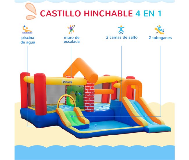 Conforama Outsunny Castillo Hinchable Con 2 Toboganes 2 Camas De Salto Y Piscina Para Niños +3 Años Incluye Inflador Y Bolsa De Transporte Para Interior Exterior 380x370x230 Cm Multicolor