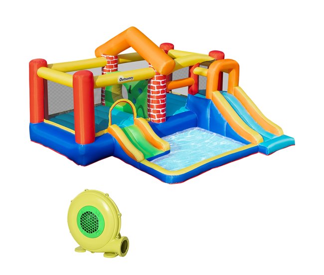 Conforama Outsunny Castillo Hinchable con 2 Toboganes 2 Camas de Salto y Piscina para Niños +3 Años Incluye Inflador y Bolsa de Transporte para Interior Exterior 380x370x230 cm Multicolor