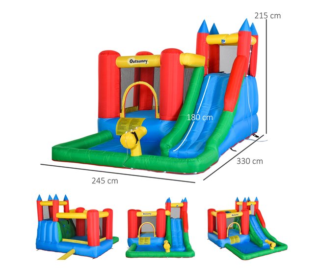 Conforama Outsunny Castillo Hinchable Para Niños +3 Años Castillo Inflable Con Inflador Parque Acuático Con Tobogán Trampolín Piscina Y Bolsa De Transporte 330x245x215 Cm Multicolor