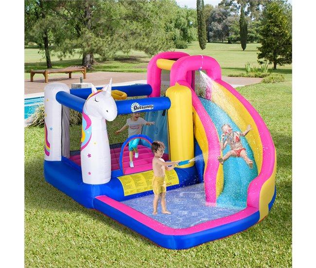 Conforama Outsunny Castillo Hinchable Para Niños Castillo Inflable Infantil En Forma De Unicornio Parque Acuático Con Tobogán Piscina Cama De Salto Inflador Y Bolsa De Transporte 360x305x210 Cm Multicolor