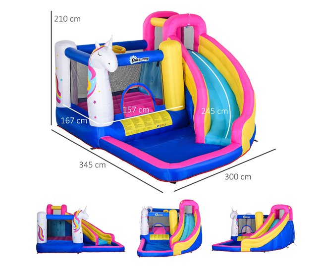Conforama Outsunny Castillo Hinchable Para Niños Castillo Inflable Infantil En Forma De Unicornio Parque Acuático Con Tobogán Piscina Cama De Salto Inflador Y Bolsa De Transporte 360x305x210 Cm Multicolor