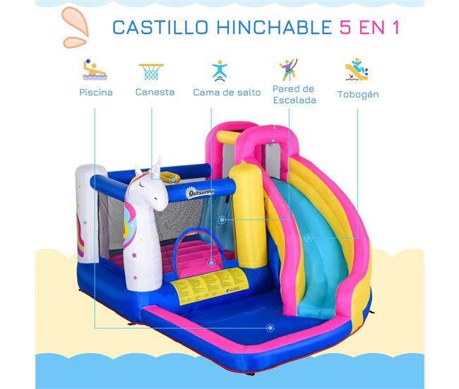 Conforama Outsunny Castillo Hinchable Para Niños Castillo Inflable Infantil En Forma De Unicornio Parque Acuático Con Tobogán Piscina Cama De Salto Inflador Y Bolsa De Transporte 360x305x210 Cm Multicolor