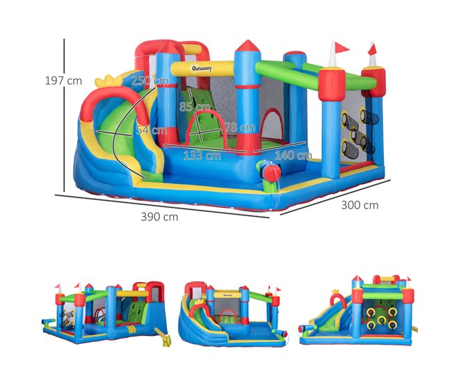 Conforama Outsunny Castillo Hinchable Para Niños Castillo Inflable Infantil Con Tobogán Cama De Salto Piscina Muro De Escalada Inflador Y Bolsa De Transporte 390x300x197 Cm Multicolor