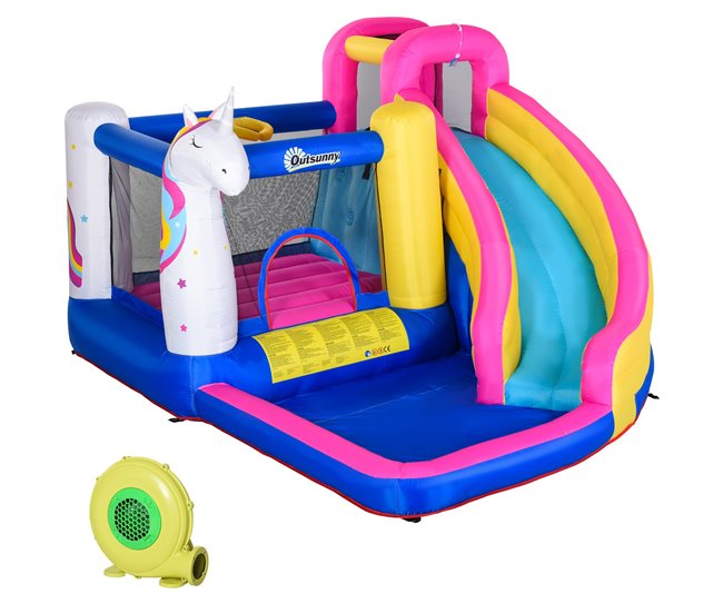 Conforama Outsunny Castillo Hinchable para Niños Castillo Inflable Infantil en Forma de Unicornio Parque Acuático con Tobogán Piscina Cama de Salto Inflador y Bolsa de Transporte 360x305x210 cm Multicolor