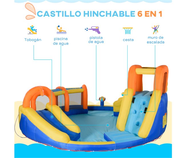 Conforama Outsunny Castillo Hinchable Para Niños De 3-8 Años Castillo Inflable Con Inflador Parque Acuático Con Cesta De Baloncesto Piscina Tobogán Y Bolsa De Transporte 435x435x200 Cm Multicolor