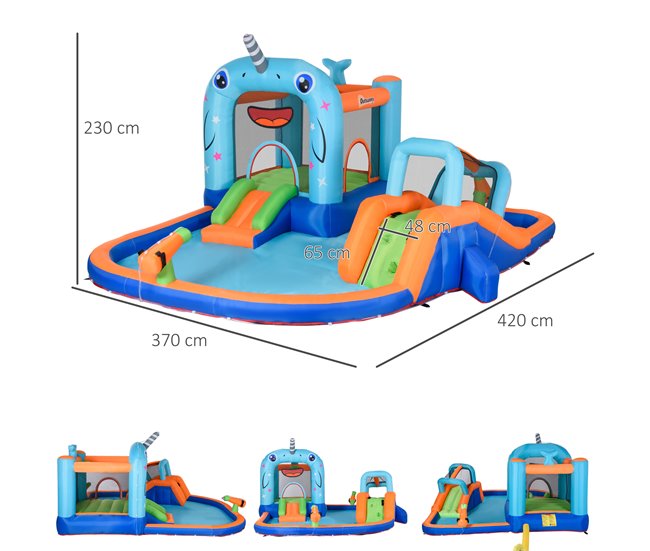 Conforama Outsunny Castillo Hinchable Para Niños De 3-8 Años Castillo Inflable Con Tobogán Trampolín Piscina Parque Acuático Con Inflador Y Bolsa De Transporte Para Exterior 420x370x230 Cm Multicolor