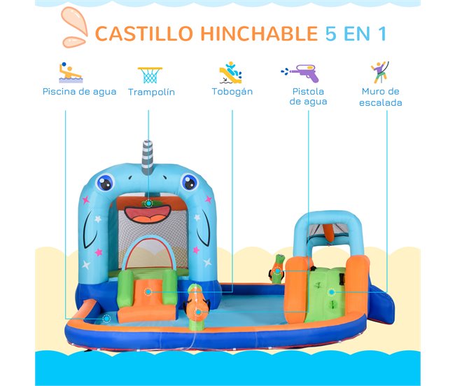 Conforama Outsunny Castillo Hinchable Para Niños De 3-8 Años Castillo Inflable Con Tobogán Trampolín Piscina Parque Acuático Con Inflador Y Bolsa De Transporte Para Exterior 420x370x230 Cm Multicolor