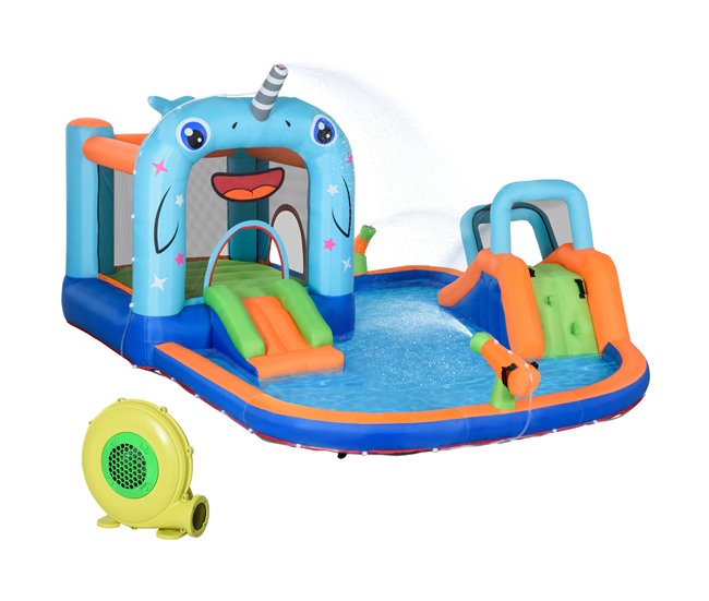 Conforama Outsunny Castillo Hinchable para Niños de 3-8 Años Castillo Inflable con Tobogán Trampolín Piscina Parque Acuático con Inflador y Bolsa de Transporte para Exterior 420x370x230 cm Multicolor
