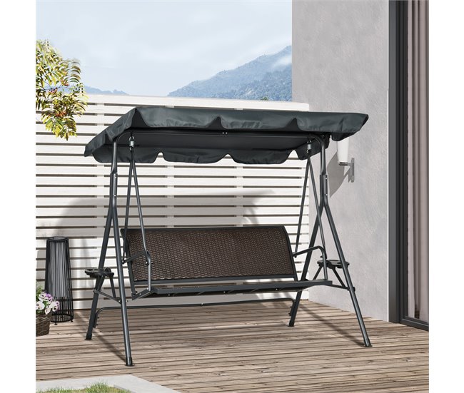 Conforama Outsunny Columpio De Jardín De 3 Plazas Banco Balancín Para Exterior Con Toldo Ajustable Asiento De Ratán 2 Portavasos 2 Bandejas Y Marco De Acero Para Terraza Patio 204x112x150 Cm Gris