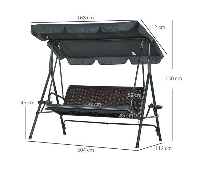 Conforama Outsunny Columpio De Jardín De 3 Plazas Banco Balancín Para Exterior Con Toldo Ajustable Asiento De Ratán 2 Portavasos 2 Bandejas Y Marco De Acero Para Terraza Patio 204x112x150 Cm Gris