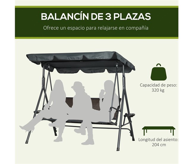 Conforama Outsunny Columpio De Jardín De 3 Plazas Banco Balancín Para Exterior Con Toldo Ajustable Asiento De Ratán 2 Portavasos 2 Bandejas Y Marco De Acero Para Terraza Patio 204x112x150 Cm Gris