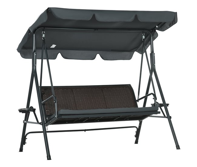 Conforama Outsunny Columpio de Jardín de 3 Plazas Banco Balancín para Exterior con Toldo Ajustable Asiento de Ratán 2 Portavasos 2 Bandejas y Marco de Acero para Terraza Patio 204x112x150 cm Gris
