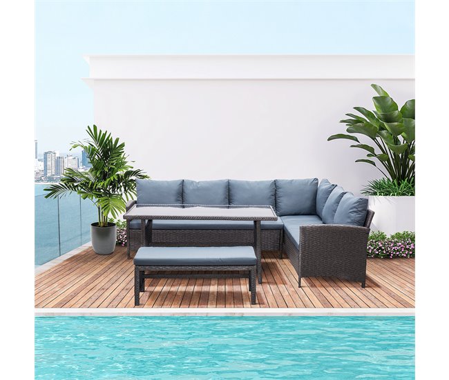 Conforama Outsunny Conjunto 4 Piezas Muebles De Ratán Espacio Amplio Con Cojines Acolchados Para Jardín O Terraza Patio 2 Sofá 1 Mesa 1 Banco De Exterior Tubo De Hierro Vidrio Templado Gris