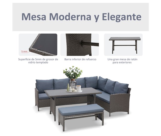 Conforama Outsunny Conjunto 4 Piezas Muebles De Ratán Espacio Amplio Con Cojines Acolchados Para Jardín O Terraza Patio 2 Sofá 1 Mesa 1 Banco De Exterior Tubo De Hierro Vidrio Templado Gris