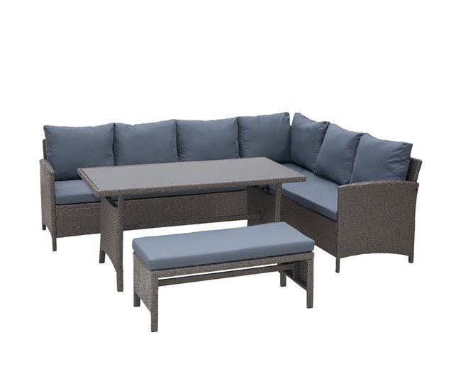 Conforama Outsunny Conjunto 4 Piezas Muebles de Ratán Espacio Amplio con Cojines Acolchados para Jardín o Terraza Patio 2 Sofá 1 Mesa 1 Banco de Exterior Tubo de Hierro Vidrio Templado Gris