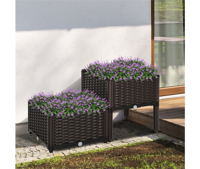 Conforama Outsunny Conjunto De 2 Macetas Cuadradas Jardinera Para Flores Y Vegetales Con Agujeros De Drenaje Y Patas Altas Para Exterior 40x40x26/44cm